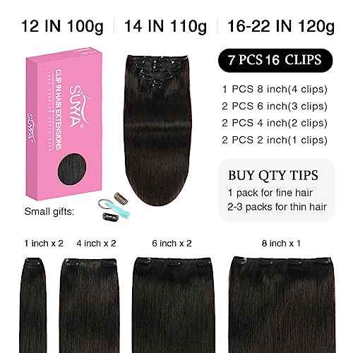 SUYYA Real Human Hair Clip in Extensions - Straight, Double Weft Natural Black Hair - Clip ins 7pcs 120g (18 inches #1B Off Black)