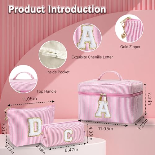 Personalized Monogram Makeup Bag, 3PCS Custom Monogrammed Toiletry Cosmetic Bag for 6-18 Teen Girls Women,Birthday Graduation Gifts Initial Pouch Makeup Bags for Women Girls, Make Up Bag (A, Pink)