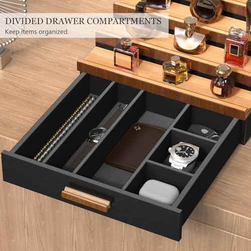 Zalida Wooden Cologne Organizer for Men 4 Tier of Perfume Display Holder of Drawer & 2 Hidden Compartments Larger Storage Space Mens Perfume Organizer Shelf Stand,Gift for Man (4T-Black Walnut)