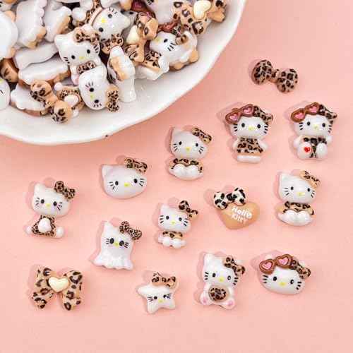 Cute 3D Nail Charms 60Pcs Cartoon Leopard Print Cat Nail Art Charms Jewelry Supply Kawaii 3D Leopard Print Cat Nail Gems Rhinestones for Acrylic Nails DIY Craft Phone Case Decoration