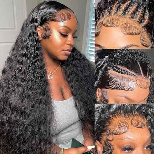 Deep Wave Lace Front Wigs Human Hair 13x6 HD Transparent Human Hair Lace Front Wigs Pre Plucked Deep Curly Human Hair Glueless Wigs for Women 200% Density Deep Wave Frontal Wigs with Baby Hair 26 Inch