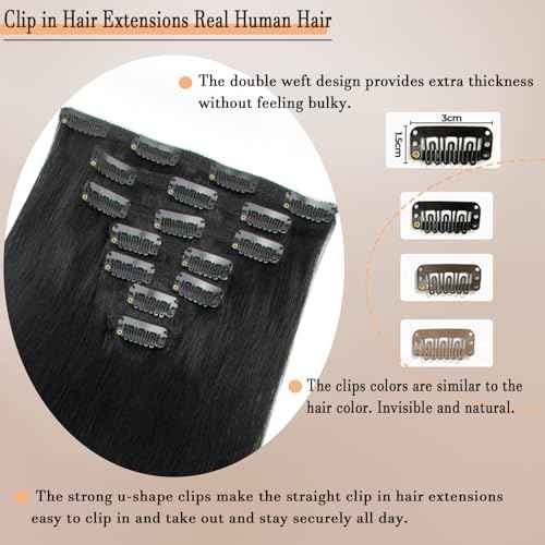 Jet Black Clip in Hair Extensions Real Human Hair Clip ins 20 Inch 7pcs 120g Human Hair Clip in Extensions Straight Hair Double Weft Human Hair Extensions For Women