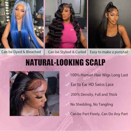 24 Inch 13x6 Lace Front Wigs Human Hair 200 Density HD Lace Front Wigs Human Hair Pre Plucked Glueless Wigs Human Hair for Women Straight Lace Frontal Wigs Natural Color (Natural Black, 24)