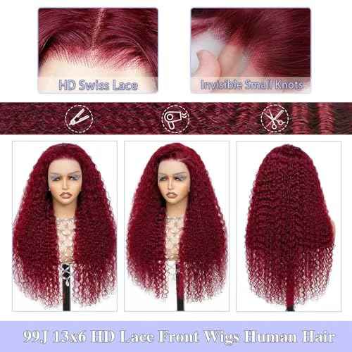 Burgundy Wig Human Hair Deep Wave 13x6 Transparent Lace Front Wigs Human Hair 200 Density 99j Burgundy Wigs Pre Plucked 99J Curly human Wig with Baby Hair 22 Inch