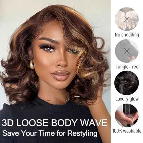 RECOOL Highlight Bob Wig Human Hair Glueless Wigs Plucked Pre Cut 180% Loose Body 6x5 Lace Front Short Bob Wig Human Hair for Black Women-Highlight 1B/2/30 Mixed Color Wigs,14inch