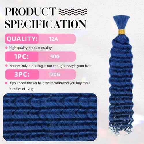 20 Inch Deep Wave Human Braiding Hair for Boho Braids ? 120g 3 Bundles/Pack Blue 100% Unprocessed 12A Brazilian Virgin Human Hair Bulk, No Weft, Wet & Wavy Curly Extensions