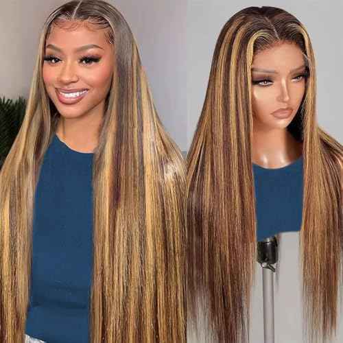 SIFULAN 13x4 Honey Blonde Lace Front Wig Human Hair 180 Density 26 Inch Highlight Ombre Straight HD Transparent Lace Pre Plucked Human Hair Wigs for Women P4/27 Color