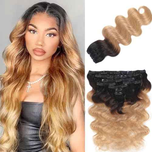 LUMIERE Human Hair Clip In Extensions, Ombre Blonde Body Wave Seamless Clip In Hair Extensions Real Human Hair 1B/4/27 Balayage Hair Extensions 120g 8pcs Per Set 24 Inch
