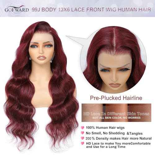 Human Hair Wig 30 Inch Lace Front Wigs Human Hair 99j Burgundy 13x6 200% Density Glueless HD Transparent Burgundy Wine Red Body Wave Wig Pre Plucked With Baby Hair
