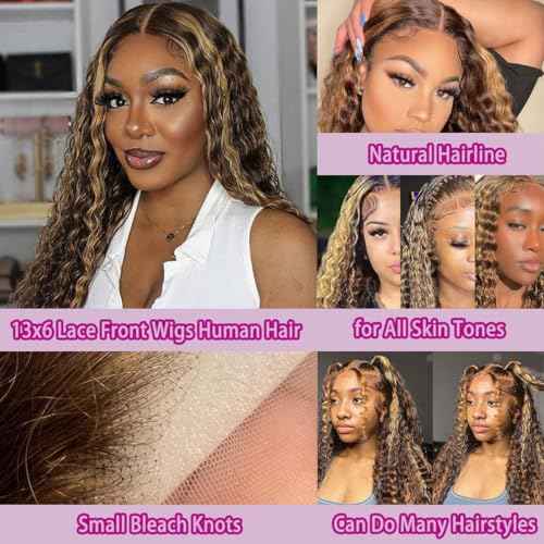 P4/27 Highlight Deep Wave Wig Human Hair 13X6 Highlight Lace Front Wig Human Hair 210% Density Ombre Curly HD Transparent Lace Frontal Wigs Human Hair Wet and Wavy Wig Pre Plucked 22 Inch