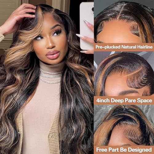 CITY GIRL 30 Inch Body Wave Lace Front Wigs Human Hair 1B/30 Highlight Ombre Lace Front Wig 13x4 Lace Frontal Black with Brown Highlight Balayage Wig Human Hair 200 Density