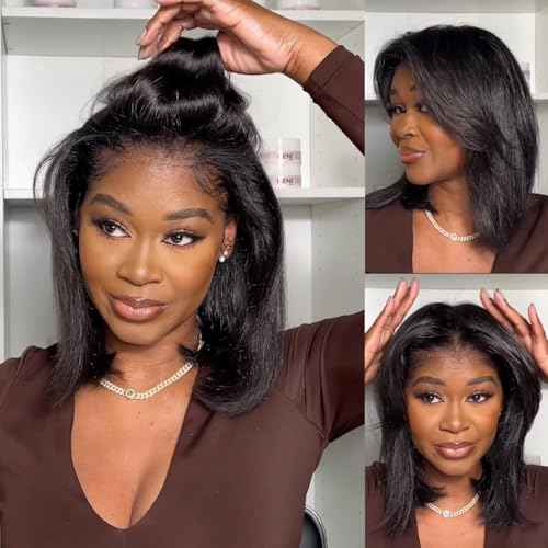 Julia Hair 12 Inch Light Yaki Straight Bob Wig 100% Human Hair Glueless Bye Bye Knots 7x5 Hd Lace Pre Cut Plucked Short Wig Natural Color Straight Bleached Knots Side Part Black Wigs