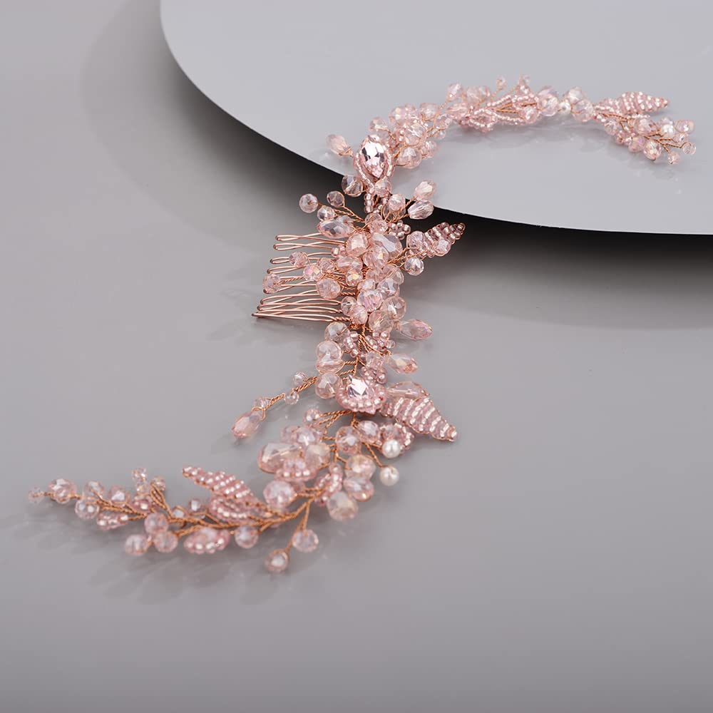 BERYUAN Cute Beads Hair Comb for Bride Women Girls Crystals Hair Comb Multi-Color Beaded Hair Comb Pink