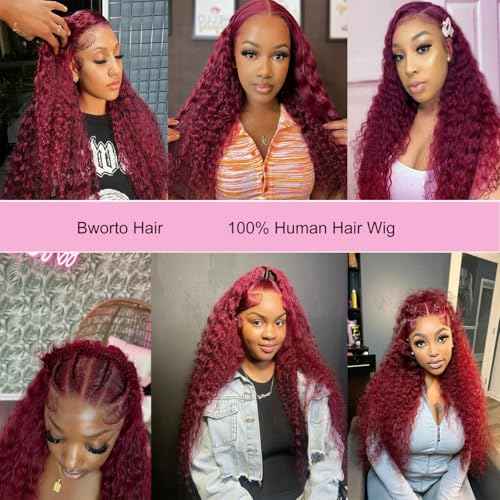 Burgundy Wig Human Hair 99j Burgundy 13x6 Deep Wave Lace Front Wigs Human Hair Pre Plucked HD Transparent Lace Frontal Wigs for Black Women Red Colored Wig 24 Inch