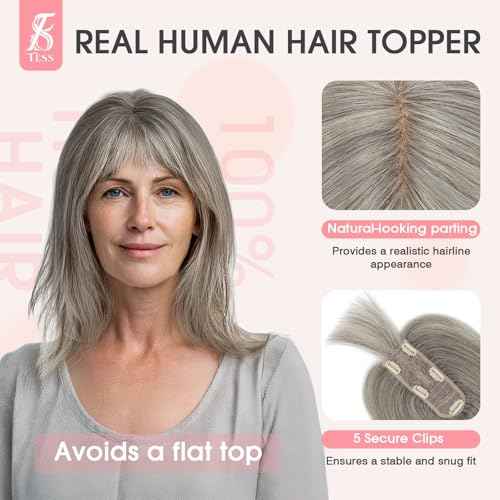 TESS Real Hair Toppers for Women Handmade Lace Base Womens Clip In Hairpieces with Bangs 5 Clips Natural Coverage Soft and Secure 2¡¿6", Silver