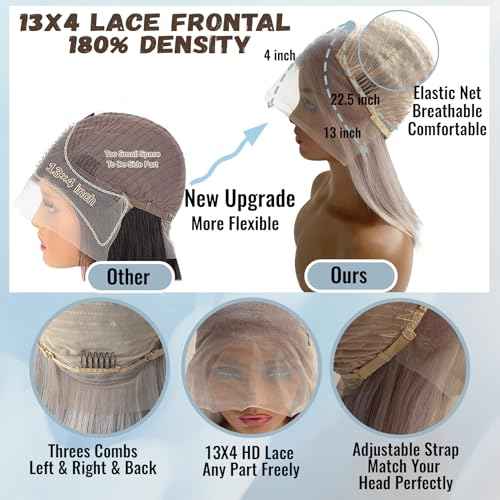 Grey Bob Human Hair Wigs 13x4 HD 180% Density Lace Front Wig Human Hair Silver Glueless Wigs Human Hair £¨16in£©