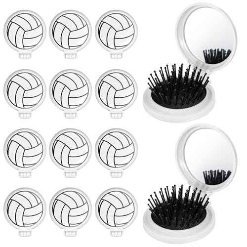 12 Pcs Volleyball Mini Detangler Brush, Folding Mirror Hair Brushes, Mini Travel Hair Brush, No Tangle Soft Flexible Bristles for Straight, Curly, Thick Hair for Volleyball Team Gift Sport Party