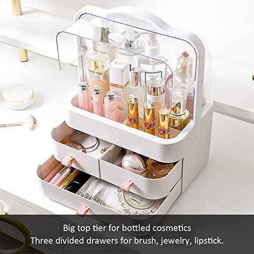 "Makeup Organizer, Dustproof Cosmetic Storage Box with Portable Handle & Fully Open Waterproof Lid for Bathroom Countertop Bedroom Dresser(White)"