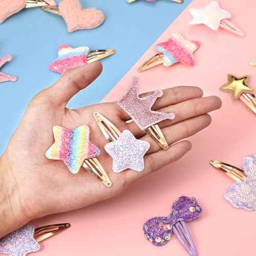 16 Pcs Hair Clips for Teens,Sparkly Metal Snap Barrettes, Cute Glitter Toddler Flower/Star/Crown/Heart/Butterfly Hair Accessory Multicolor Shaped Hair Accessories