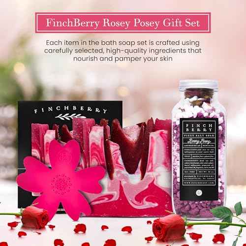 FinchBerry Rosey Posey Gift Set - Ideal Gifts Romantic Occasions, Anniversaries, Birthdays, Women¡¯s Day, Housewarming, or Get Well Soon - Spa Gift Set With Handmade Soap, Fizzy Salt Soak & Soap Dish