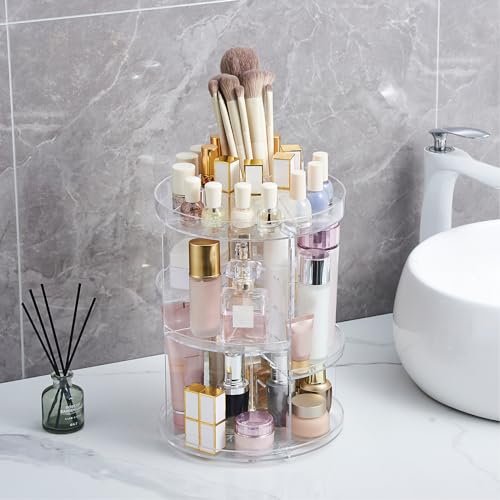 SUNFICON Rotating Makeup Organizer 360 Rotation Cosmetic Storage Holder Crystal Clear Acrylic Makeup Turntable Spin Display Stand Bathroom Bedroom Countertop Vanity Dressing Table Gift Girl Lady Women