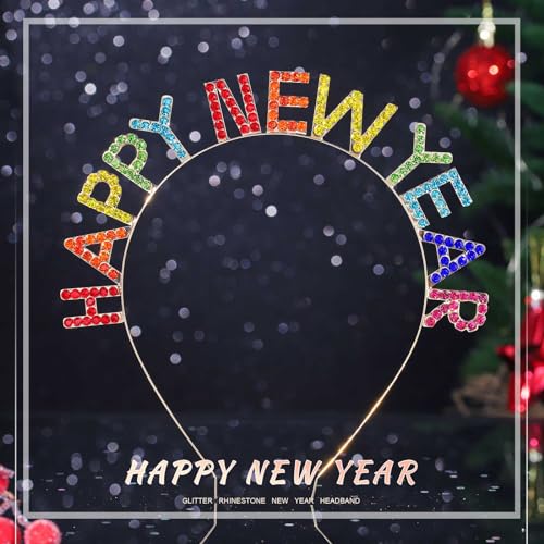 Acenail Happy New Year Headband Rhinestone Happy Holiday Headpiece New Year’s Eve Headbands Festival Party Supplies Headwear Holiday Hair Accessories for Women Girls (A-Colorful)