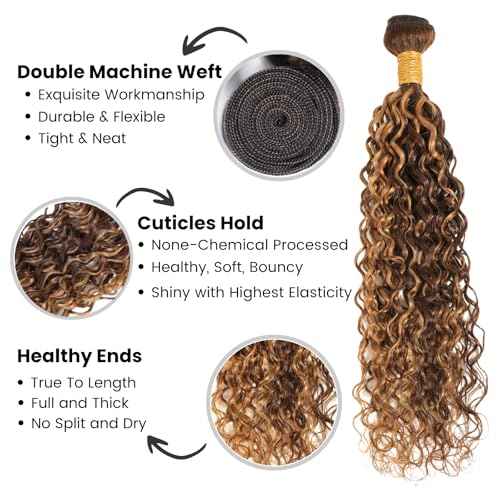 ALHER Soft Thick Wet And Wavy Ombre Honey Blonde Human Hair Bundles, 12A Highlight Brown Water Wave Bundles 100% Brazilian Virgin Human Hair 3 Colored Curly Weft #P4/27 Piano Color 12 14 16 Inch