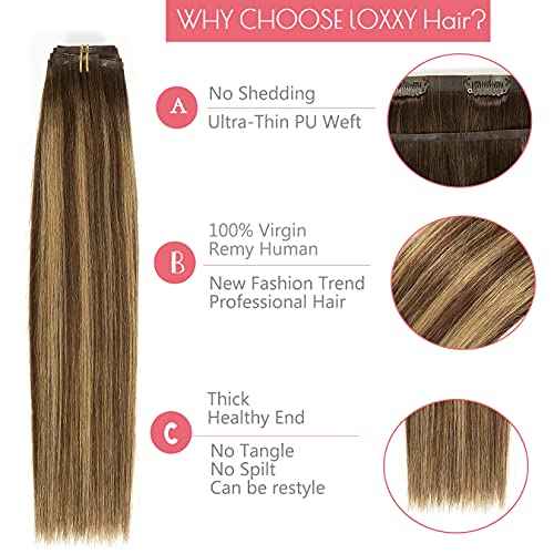 Loxxy Invisible Clip in Hair Extensions Real Human Hair Ombre Medium Brown to Caramel Blonde 16Inch 130G 7Pcs Thin Pu Weft Seamless Hair Extensions Clip in Thick Remy Hair Silky Straight
