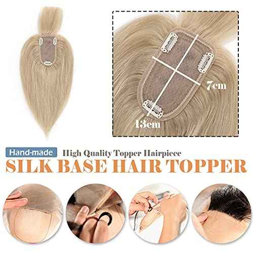 Hairro Human Hair Toppers With Bangs Silk Base Clip In Top Hairpieces Air Bangs Toupee Replacement Clip On Topper On Closure Hair Extensions For Women 16 Inch 48g #24 Natural Blonde