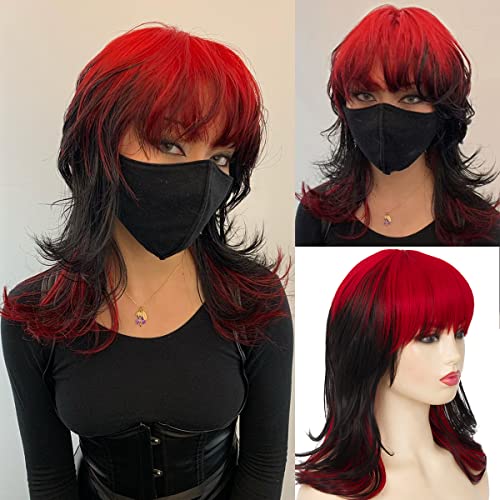 Baruisi Black Red Wigs for Women Shoulder Length Layered Shaggy Wig with Bangs Synthetic Halloween Cosplay Wig