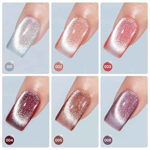 MIZHSE Glitter Cat Eye Gel Nail Polish Set - 6 Colors Holographic Pink Puprle Red Cateye Gel Polish with Magnet Soak Off U V LED Magnetic Gel Polish for DIY Salon Nail Art Home Manicure