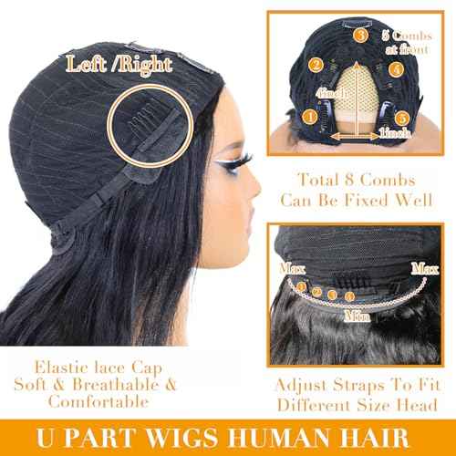 U Part Human Hair Wig Body Wave for Women Brazilian Remy Upart Human Hair Wig Beginner Friendly No Sew in NO Glue 250% Density Natural Color 22Inch