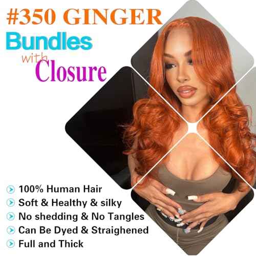 Ginger Orange Body Wave Human Hair Bundles with 4x4 HD Lace Closure 100% Brazilian Unprocessed Hair Colored Bundles and Closure Free Part 16 18 20+16 Inch