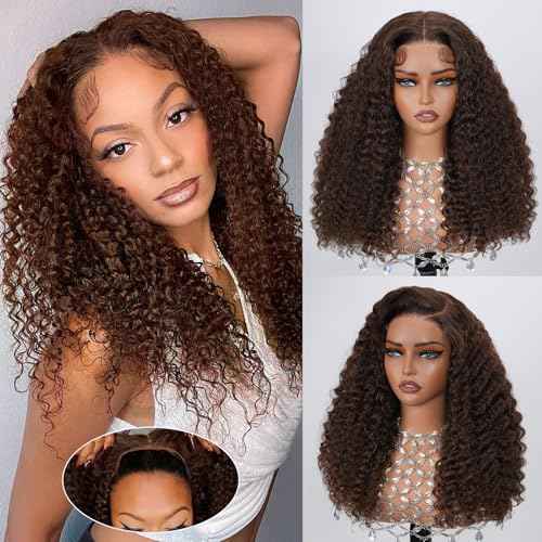 Glueless Wigs Human Hair Pre Plucked Pre Cut 22in Chocolate Brown Deep Wave 5x5 HD Lace Closure Wigs Human Hair 200 Density Wear and Go Glueless Wig with Baby Hair