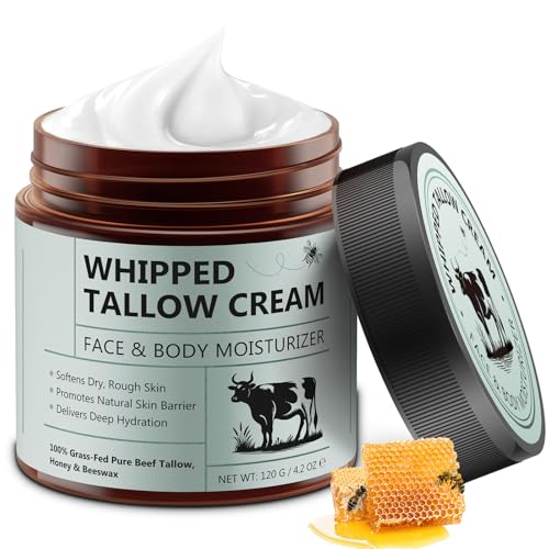 Beef Tallow for Skin, Tallow and Honey Balm (4.2 Oz), Tallow Face Moisturizer, Organic Grass Fed Whipped Beef Tallow with Honey Beeswax, Deeply Moisturizing for Face & Body, Unscented Fast Absorption