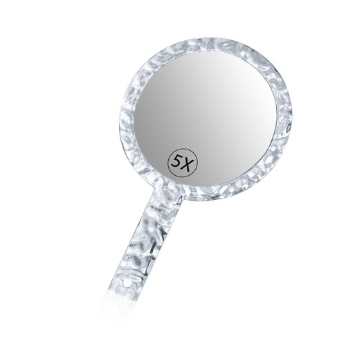 YEAKE Hand Mirror,Double-Sided Handheld 1X/5X Magnifying Mirror with Handle, Handle Makeup Mirror,Acrylic, 6.1" W x 10" L, Rounded Shape, Clear 1 PC