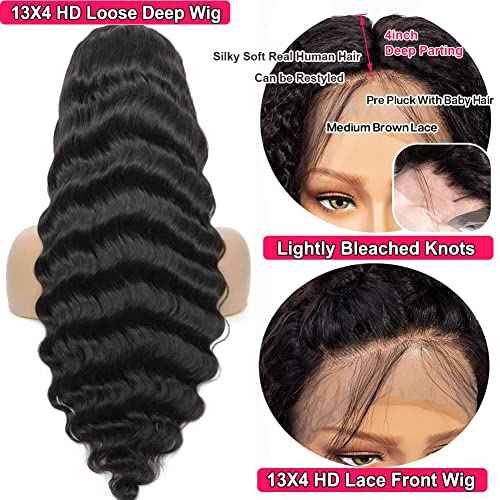 JIETAI 13x4 Loose Deep Wave Curly Lace Front Wig Pre Plucked with Baby Hair 180% Density Curly Human Hair Wigs 10A Wigs for Black Women Glueless Wig (30inch, Natural Color)