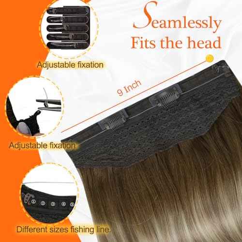 Full Shine Invisible Wire Hair Extensions One Piece Clip In Extensions With Transparent Wire Elastic Fish Wire Hair For Women 90G Ombre Hair Extensions Wire Secret Hairpiece For Women 20 Inch
