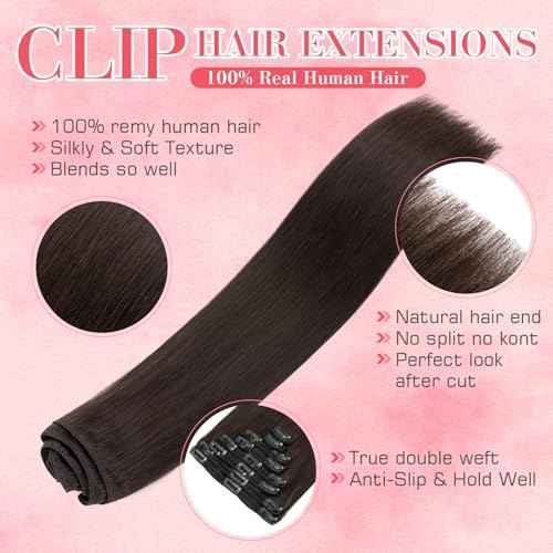 S-noilite 8PCS Clip in Hair Extensions Real Human Hair Dark Brown Clip In Hair Extensions 18 Inch 140g Straight Double Weft #2
