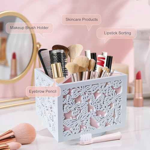 360 Rotating Makeup Brush Holder with Butterfly Cutout, Wooden Makeup Organizer for Vanity - 4 Compartment Spinning Desk Organizer for Pens, Lipsticks, Eyebrow Pencils