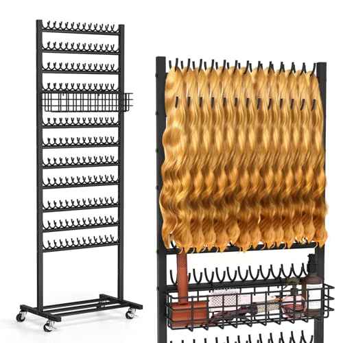 2-Sided Braiding Hair Rack with Wheels, Standing Hair Extension Holder with Salon Tray, Braiding Rack Stand for Hair, 286 Pegs Hair Racks for Braiders Standing,