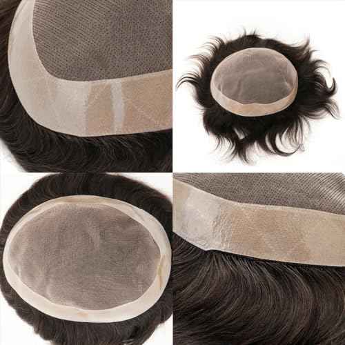 Toupee for Men Human Hair Mens Toupee Mono Base with NPU Around Hair Units Curly Wave Mens Wigs Toupee Hair Real Human Replacement System for Man Freestyle Natural Wig #1B Off Black (6x8")