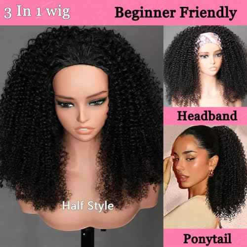 Glueless Wigs Human Hair Half Wig Upgrade 3 IN 1 Half Wig With Drawstring Seamless Clip Ins Flip Over Half Wigs Beginner Friendly Kinky Curly Wig Human Hair Drawstring Headband Wig for Women 22 inch