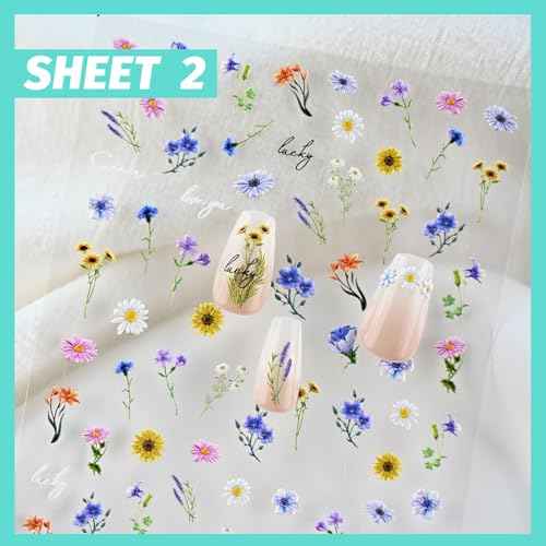 Flower Nail Art Stickers 3D Embossed Nail Decals for Nail Art Design Self-Adhesive Spring Summer Nail Accessories for Women Nail Art Supplies 3 Sheets