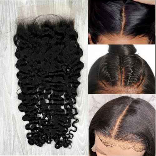 Burmese Curly Silk Closure 4"x4" Silk Base Lace Human Hair Top Full Closure Piece Hidden Knots Free Part Raw Hair 20" inch Natural Black 1b
