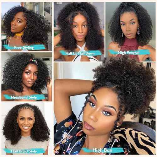 Kinky Curly 3 In 1 Half Wig Human Hair 200% Density Wear Go Glueless Wigs Human Hair for Women 16 Inch Afro Curly Seamless Flip Wig Invisible Hairline Beginner Friendly