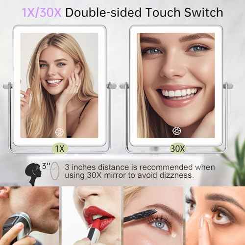 FASCINATE 5000mAh Rechargeable Wall Mounted Makeup Mirror with Lights, 8.7 Inch Double Sided Touch Switch 1X 30X Magnifying Bathroom Mirror, 3 Color Lights Dimmable Extended Arm 360¡ÆRotation (Chrome)