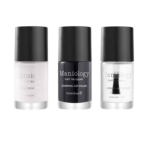 Maniology Black & White Duo with Smudge-Free Top Coat | 3-Piece Essential Polish Set (White, Black, TopCoat) | 13ml Bottles Basic Must-Have for Nail Art Stamping & DIY Manicures
