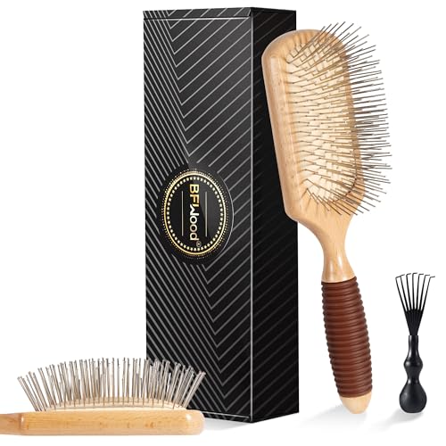 BFWood Paddle Hair Brush with Steel Bristles, Metal hair brush, Help Hair Growth and Massaging Scalp, Anti-frizz Metal Detangling Brush Styling Hairbrush