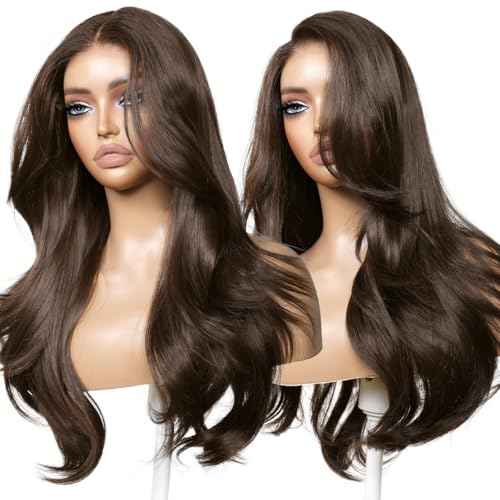 Glueless Wig with Bangs Chocolate Brown Layered Body Wave 13x4 HD Lace Front Pre Plucked Pre Cut Synthetic Wig for Women Wear and Go 23 Inch